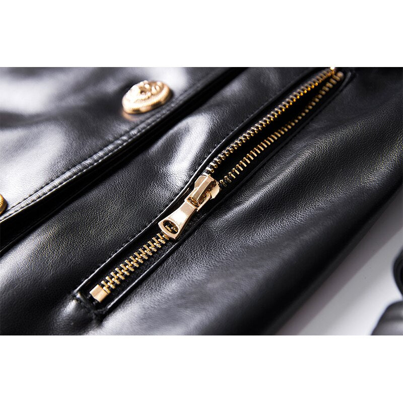 Luxury Design Double Breasted Black PU Leather Long Coats