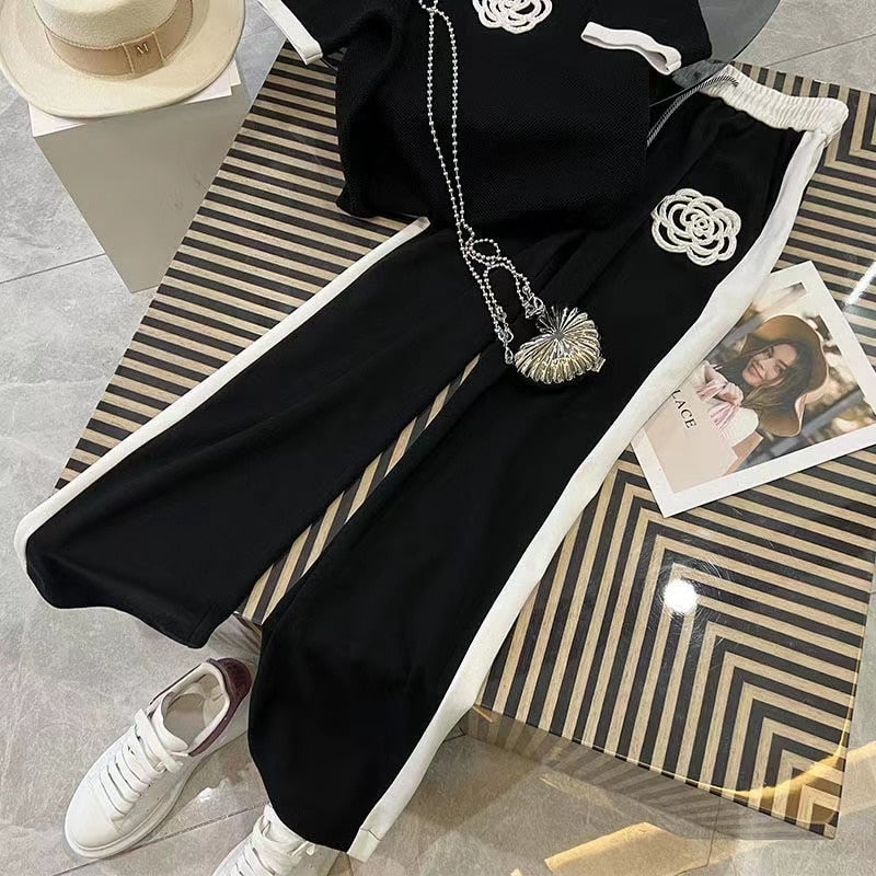 Two Piece Set Wide Leg Pants Print T Shirt Suits