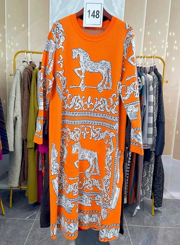 Horse Orange Luxury Design Knitted Long Dress