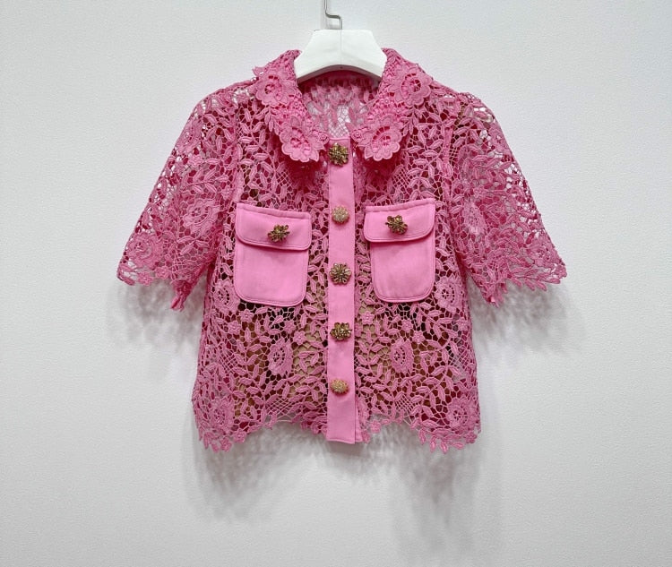 Button Decoration Pink Lace Cardigan/Same High Waist Skirt