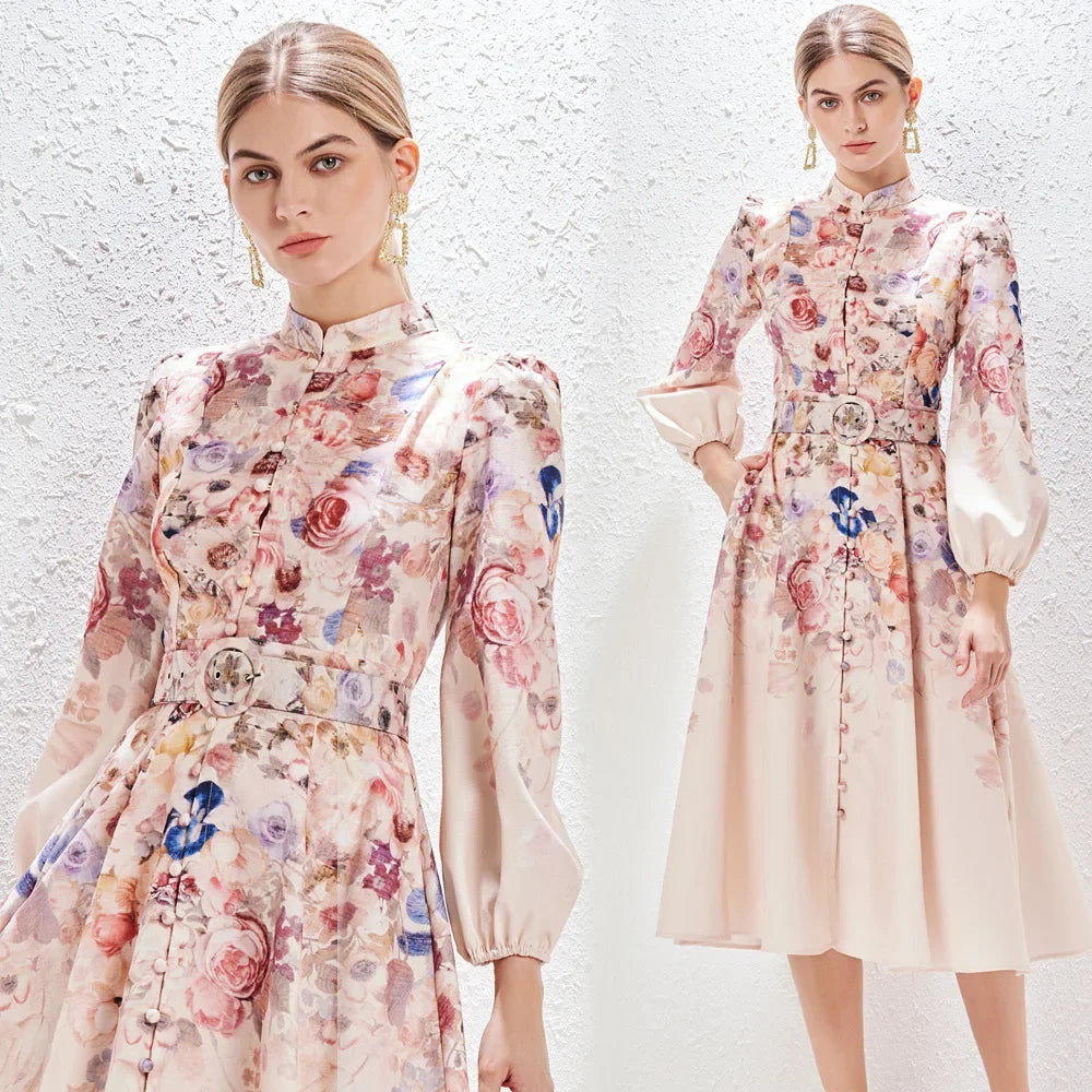 Printing Pocket Elegant Dress with Belt