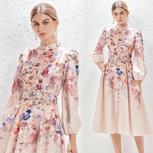Printing Pocket Elegant Dress with Belt