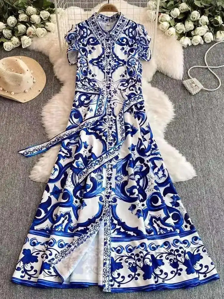 2025 Summer Blue White Porcelain Print Long Dress