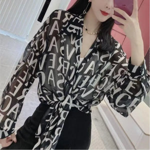 Loose Long sleeve Letter Striped Button Cardigan Shirt Tops
