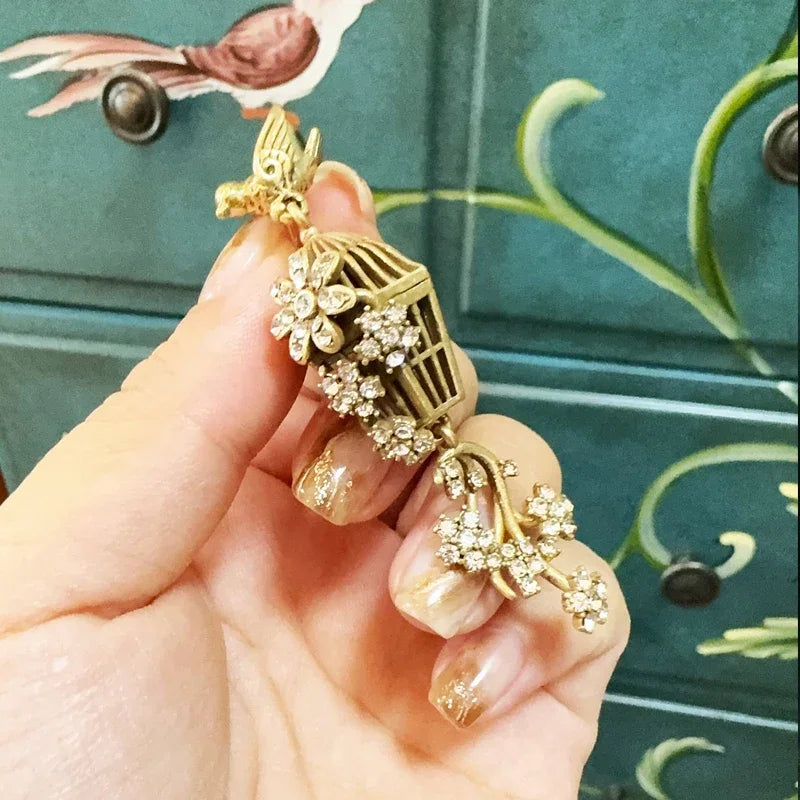 Vintage Rhinestones Bird Cage Drop Dangle Earring