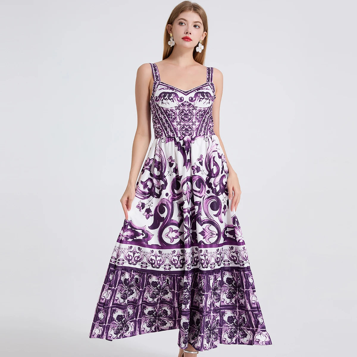 Purple Porcelain Summer Floral Maxi Dress