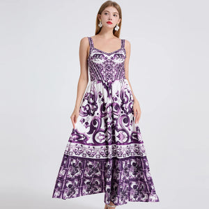 Purple Porcelain Summer Floral Maxi Dress
