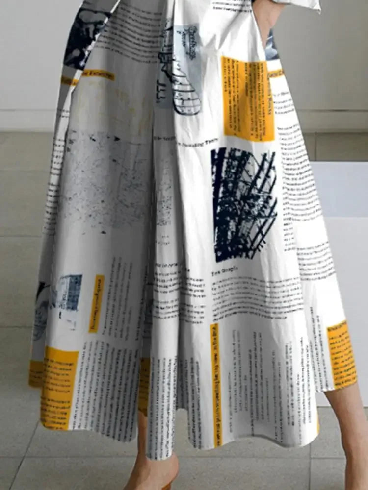 Personality Newspaper Printed Lapel A-Line Dress