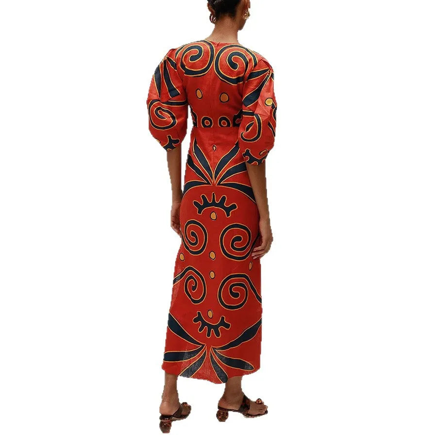 Floral Flower Color Stripes Printed Linen Dress