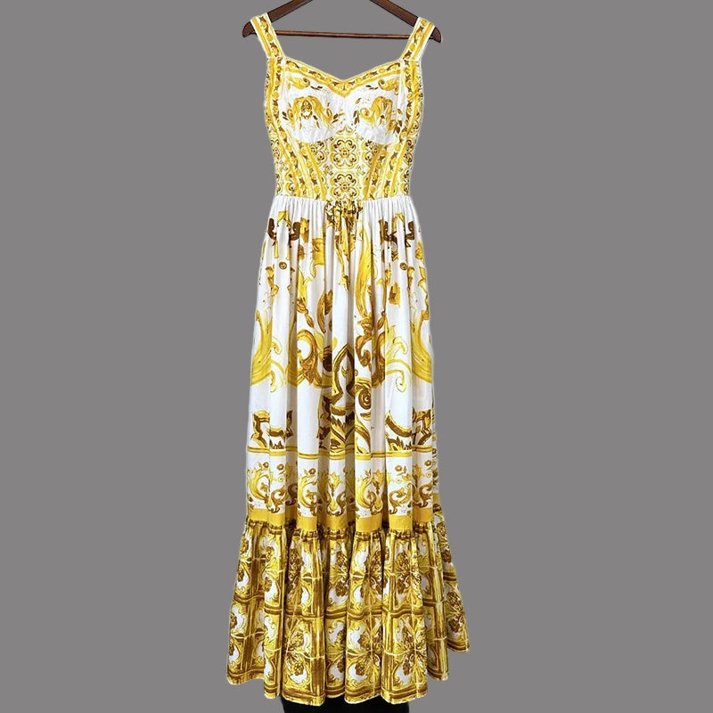 Spaghetti Strap Backless Print Temperament A-Line Pleated Dresses