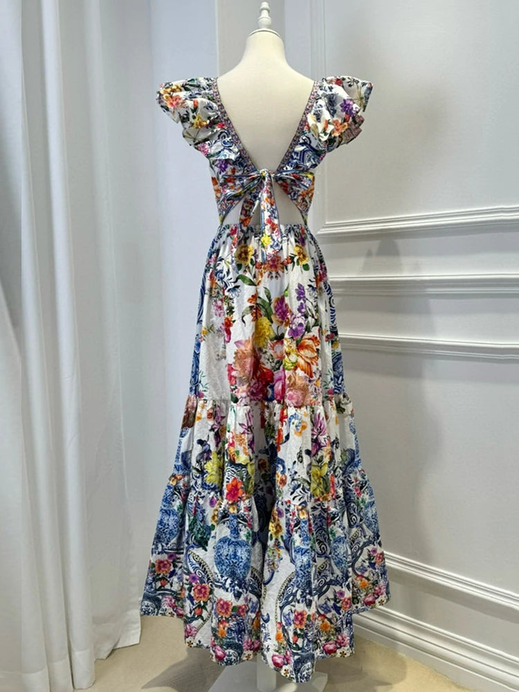 Retro Geometric Print V-neck Dress