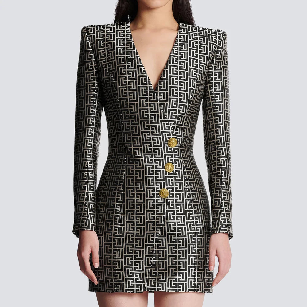 Jacquard Fabric V-neck Slimming Three-button Long-sleeved Dress Coat