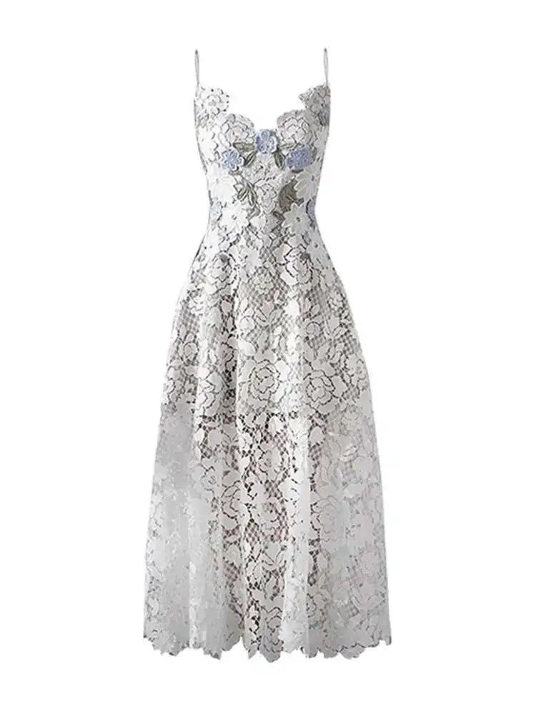 Elegant Rose Embroidery Lace Spliced Hollow Out Dresses