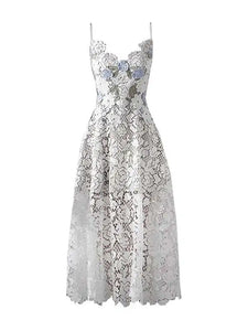 Elegant Rose Embroidery Lace Spliced Hollow Out Dresses