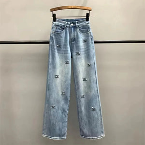 Light Blue Letter Embroidered Hot Diamond Denim Pants