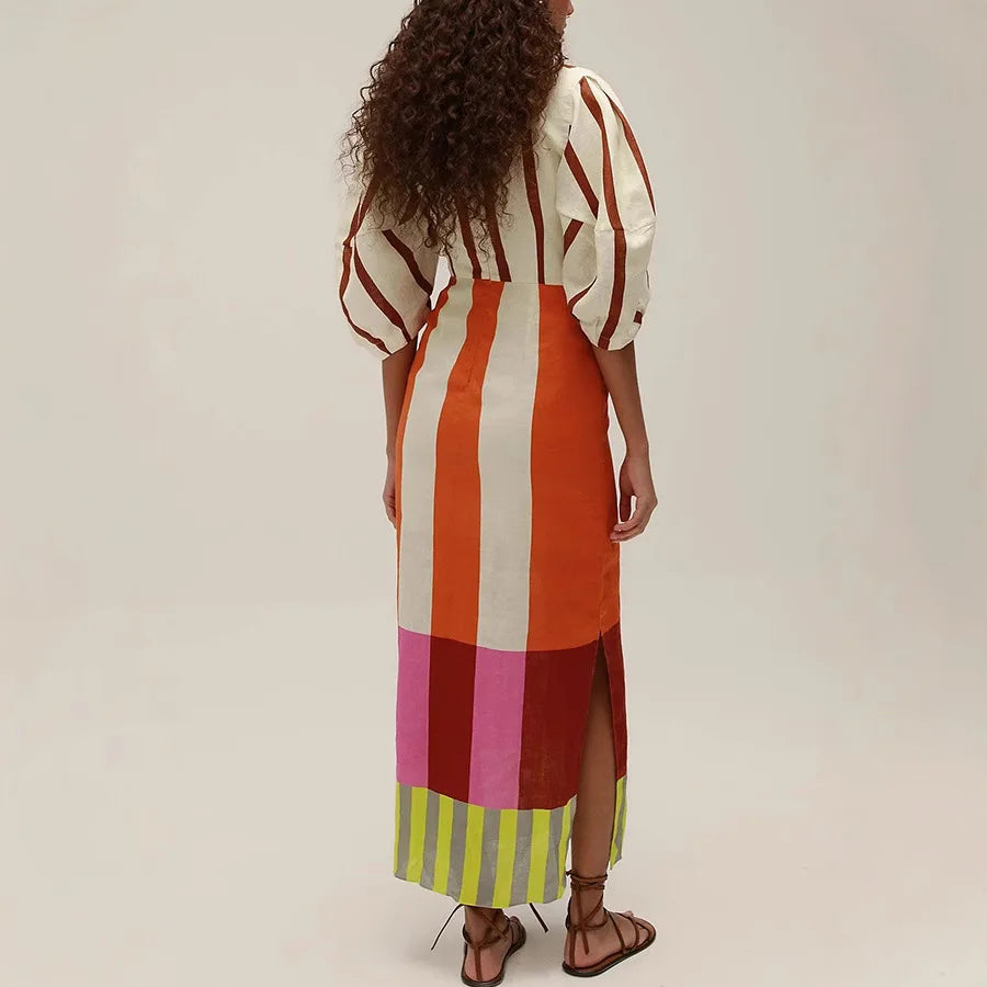 Floral Flower Color Stripes Printed Linen Dress