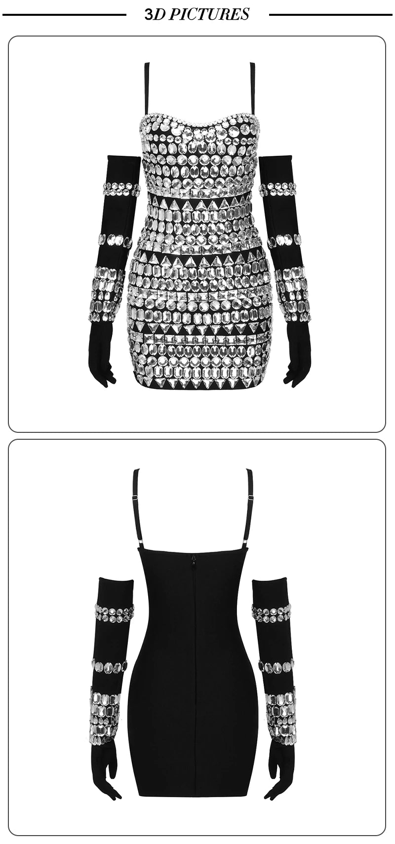 Luxury Gloves Diamond Bodycon Bandage Black Mini Dress