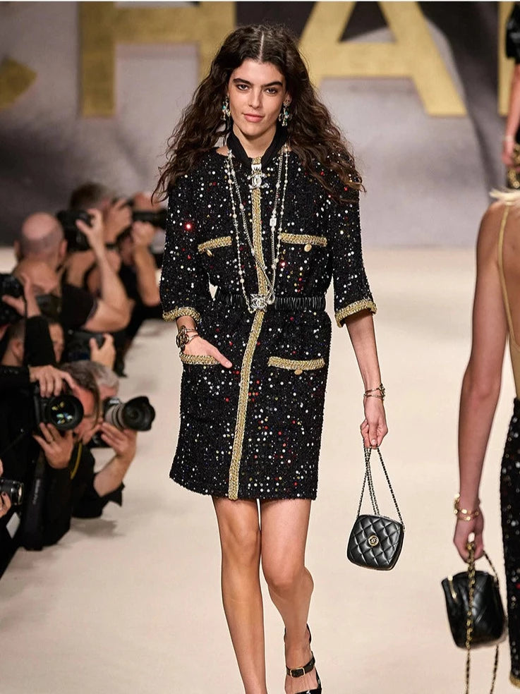 Luxury Retro Sequin Black Gold Tweed Coat