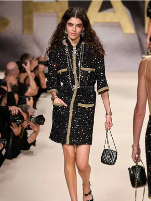 Luxury Retro Sequin Black Gold Tweed Coat