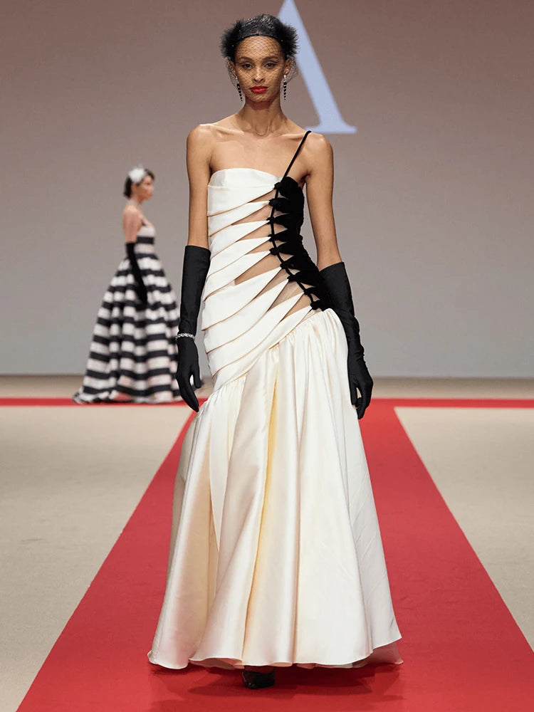 Black And White Floor Length Pleated Cut Off Dress