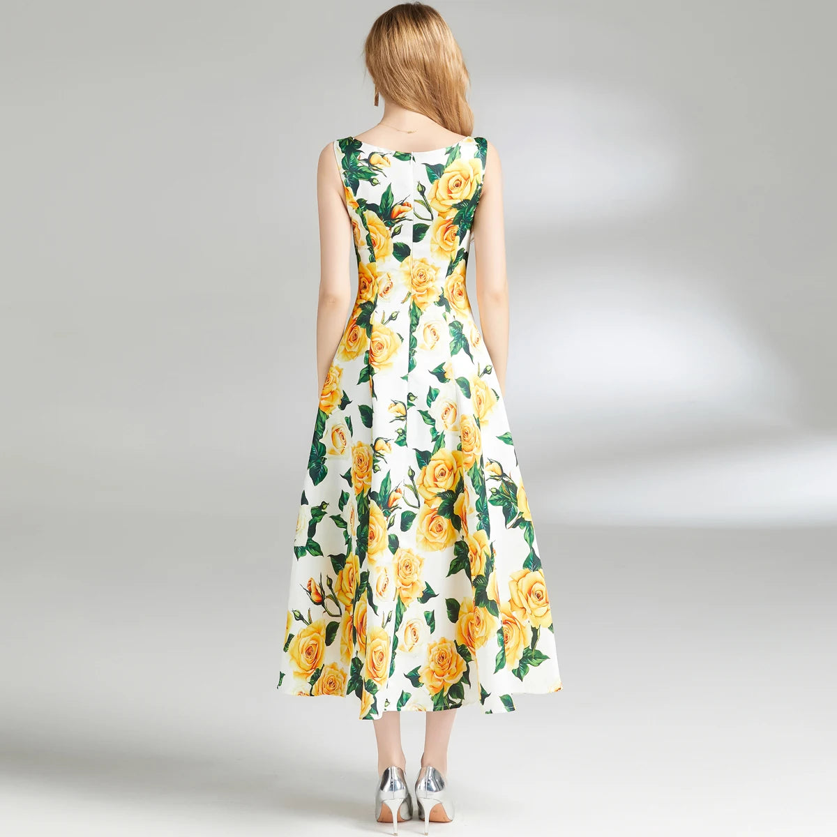 Summer Yellow Rose Spaghetti Strap Bohemian Dress