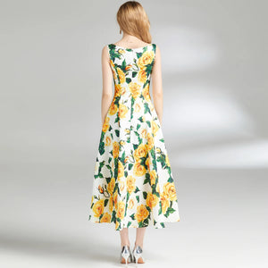 Summer Yellow Rose Spaghetti Strap Bohemian Dress