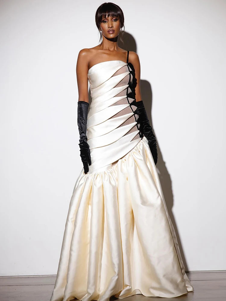 Black And White Floor Length Pleated Cut Off Dress