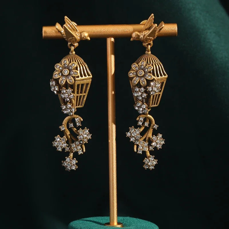 Vintage Rhinestones Bird Cage Drop Dangle Earring