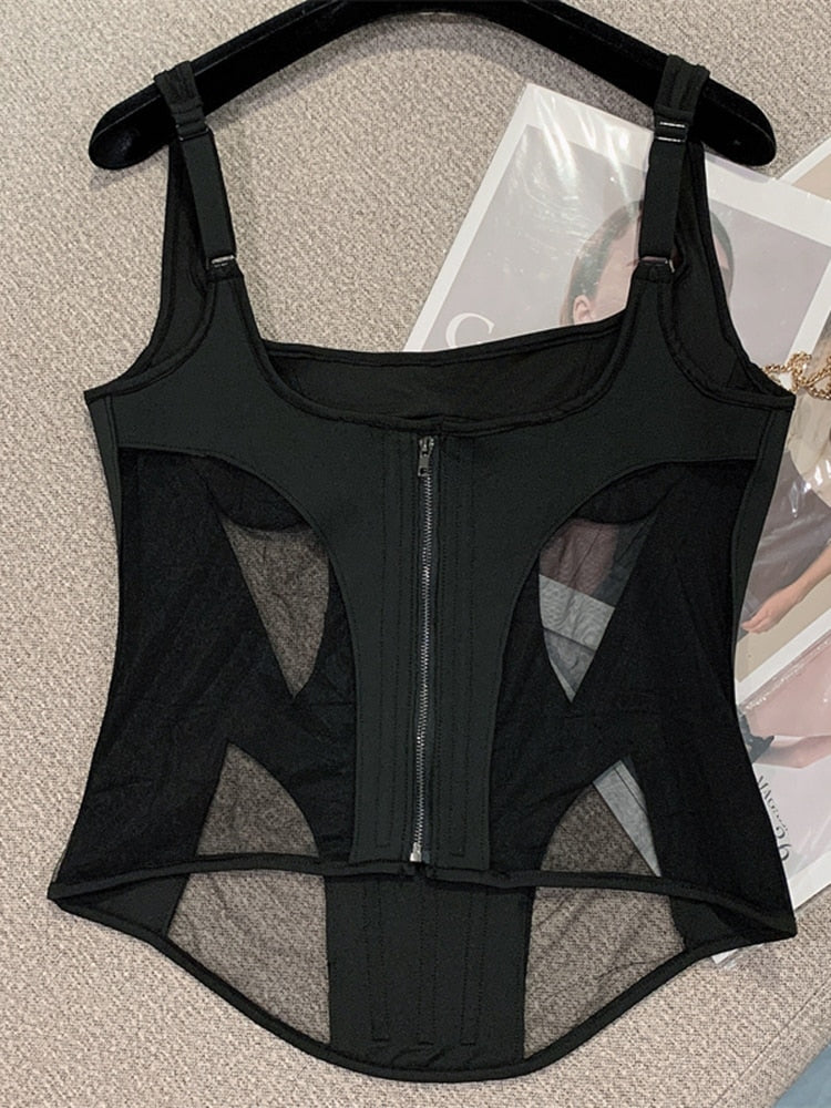 Hollow Out Mesh Patchwork Tops