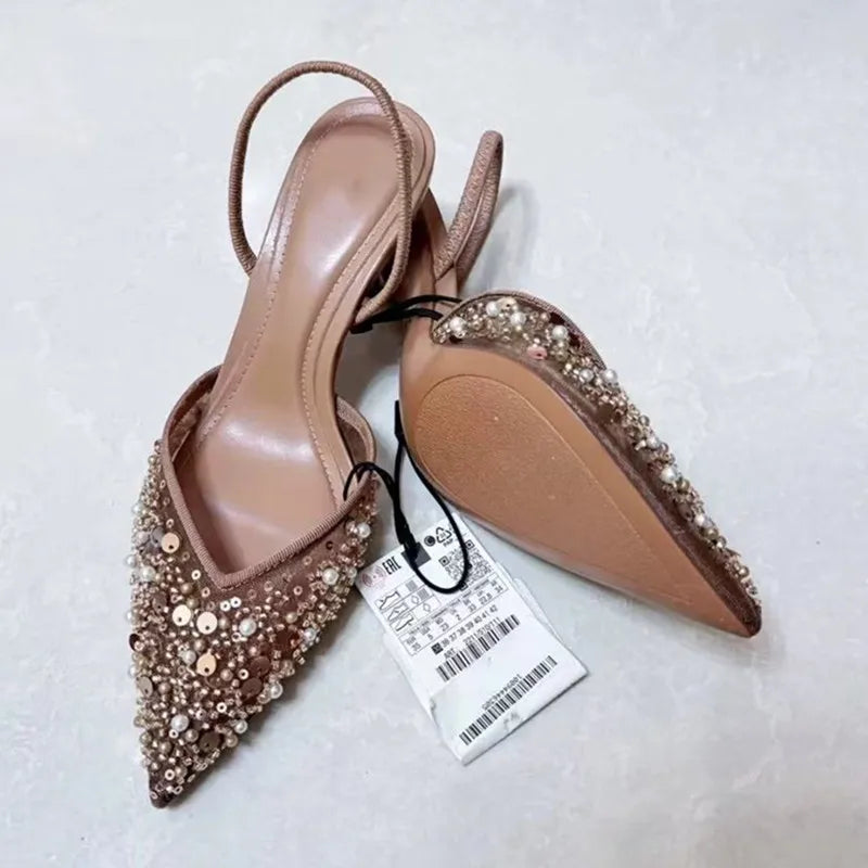Bling Bling Fashion Pearls Sequined Air Mesh Pumps Sandals