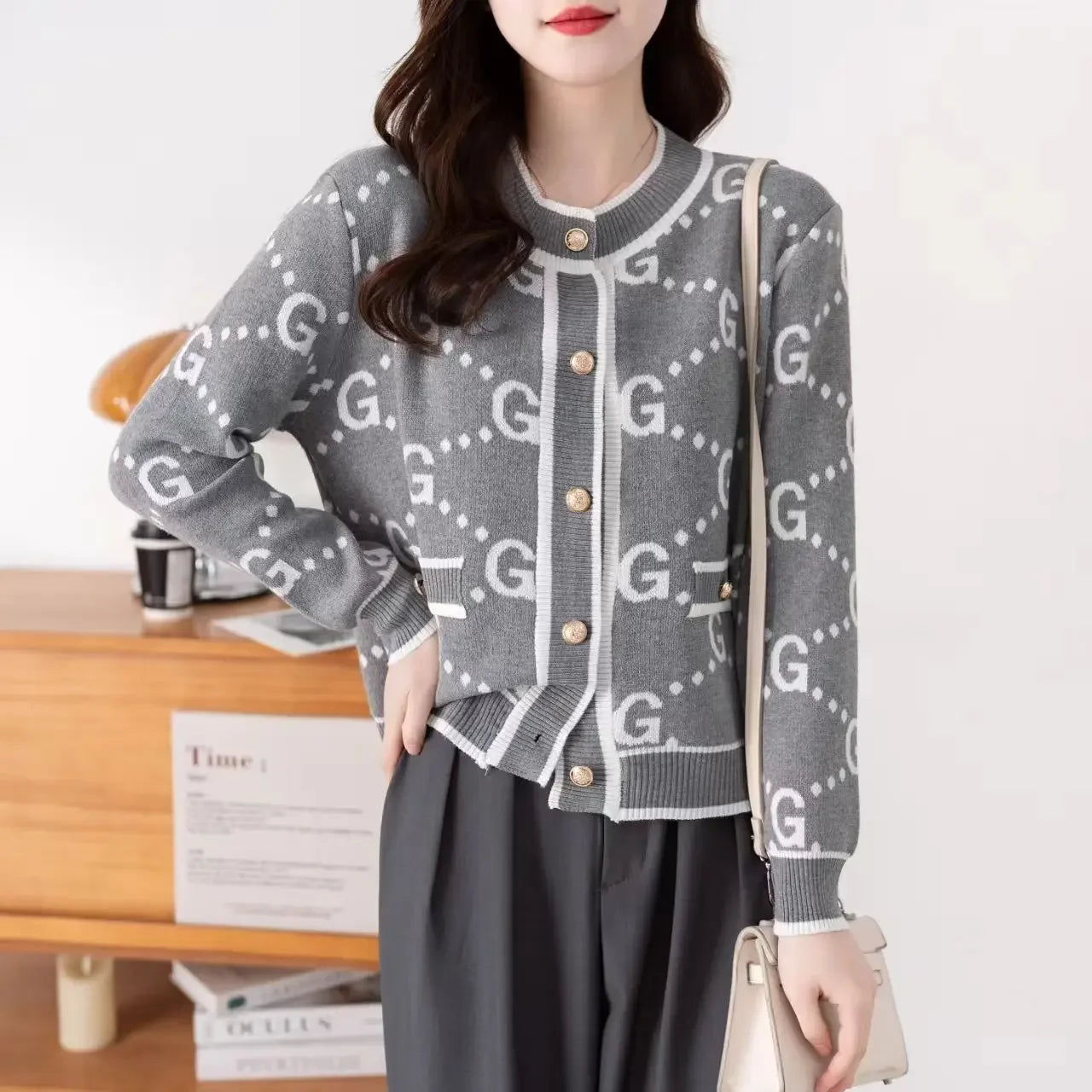 Autumn Winter Coat Luxury Pink Knitted Cardigan