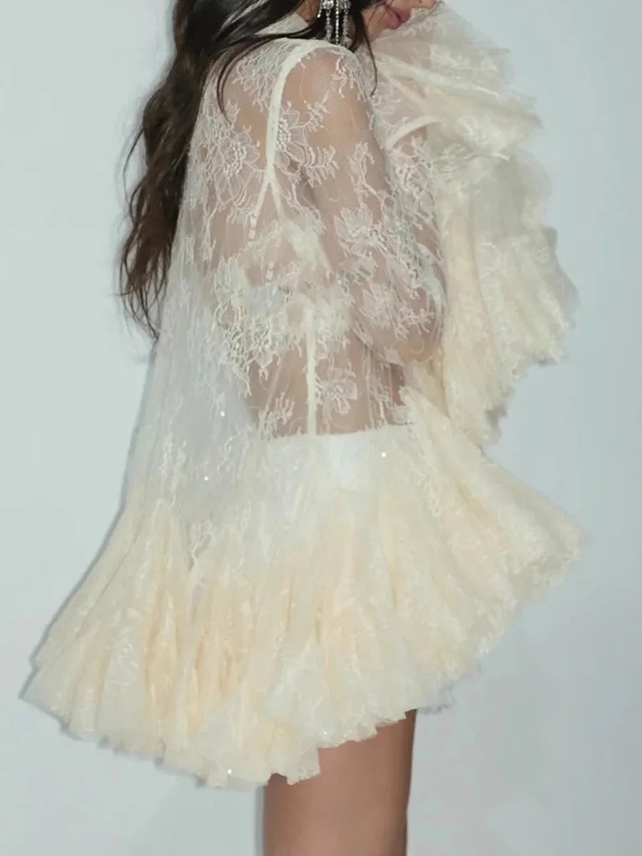 Sheer Spliced Ruffles Folds Mini Dresses