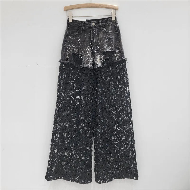 Hot Diamonds Broken Holes Patchwork Lace High Waist Straight Denim Pants