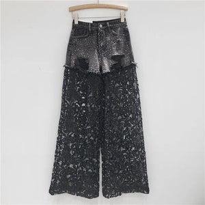 Hot Diamonds Broken Holes Patchwork Lace High Waist Straight Denim Pants