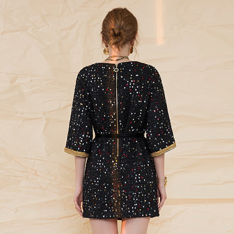 Luxury Retro Sequin Black Gold Tweed Coat