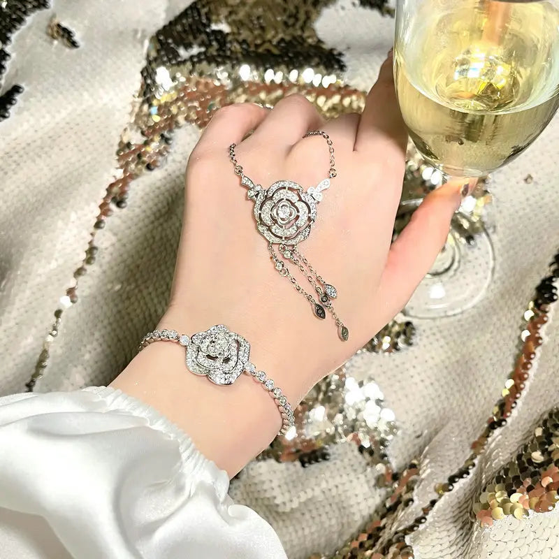 Luxury Rhinestone Flower Necklace 18k Gold-plated Tassel Pendant, Ring