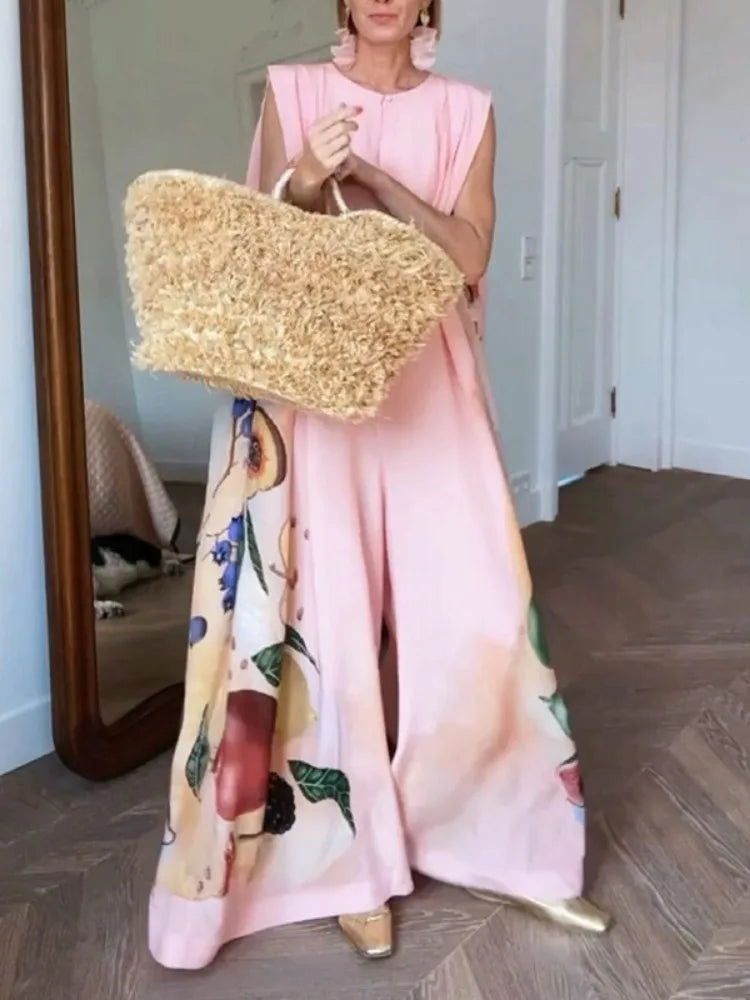 Fruit Printed Wide Leg Pink Jumpsuit