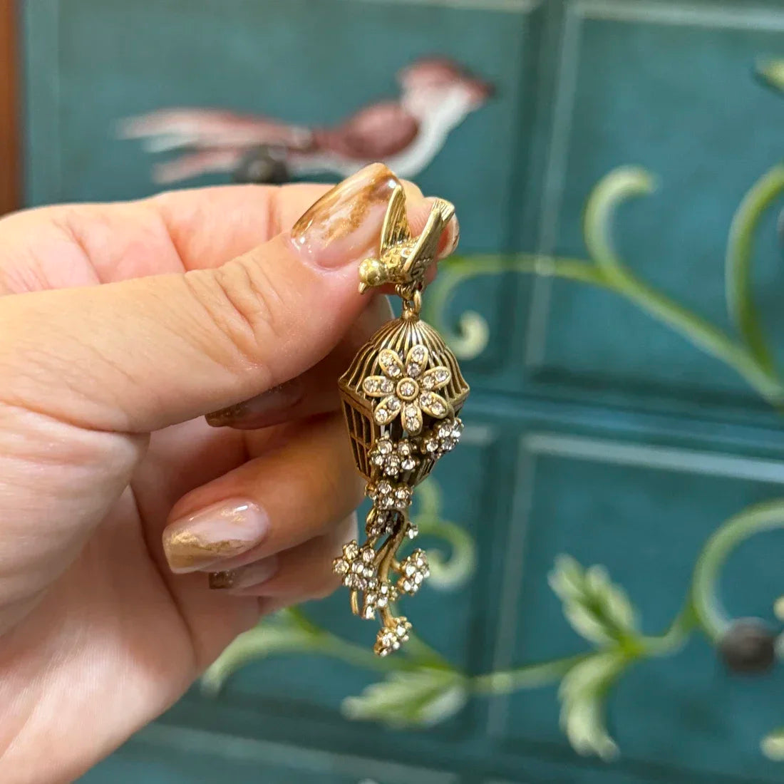 Vintage Rhinestones Bird Cage Drop Dangle Earring