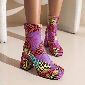 Checkerboard Pattern Square Toe Boots