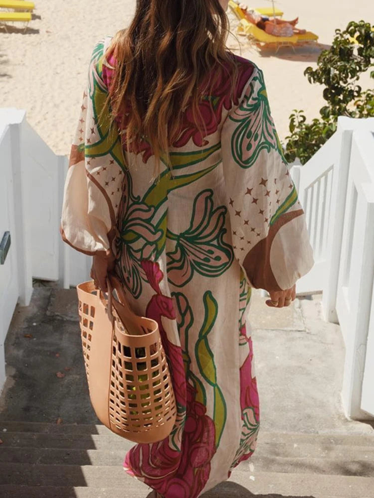 Elegant Printed Ethnic Style Cardigan Loose Long Skirt
