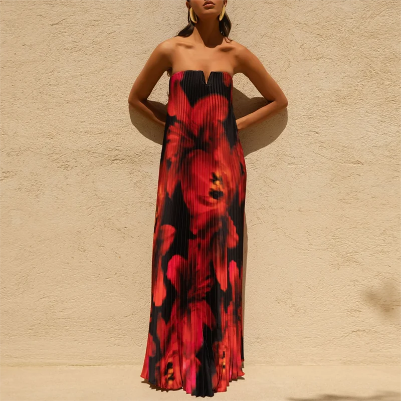Elegant Floral Print A-Line Pleated Dress