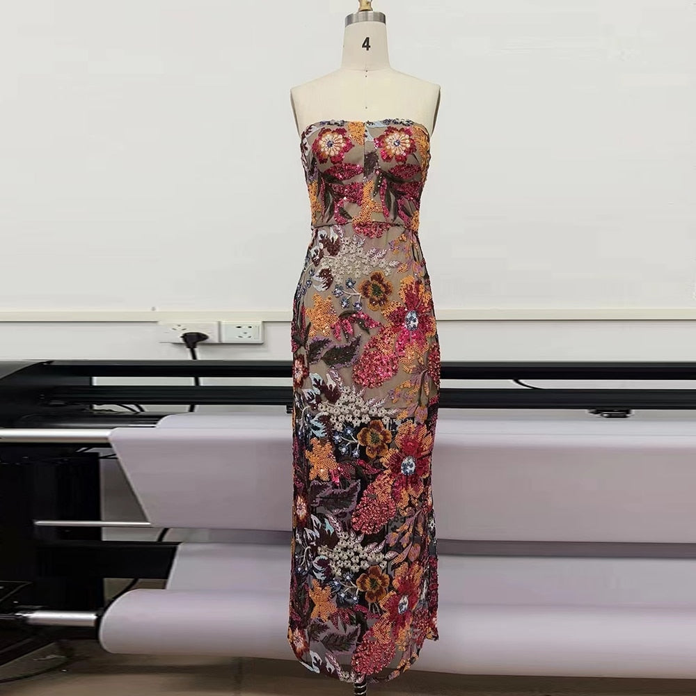 High Quality Luxury Strapless Sequins Flower Dress