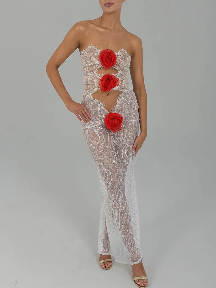 Flower Strapless Lace Maxi Dress