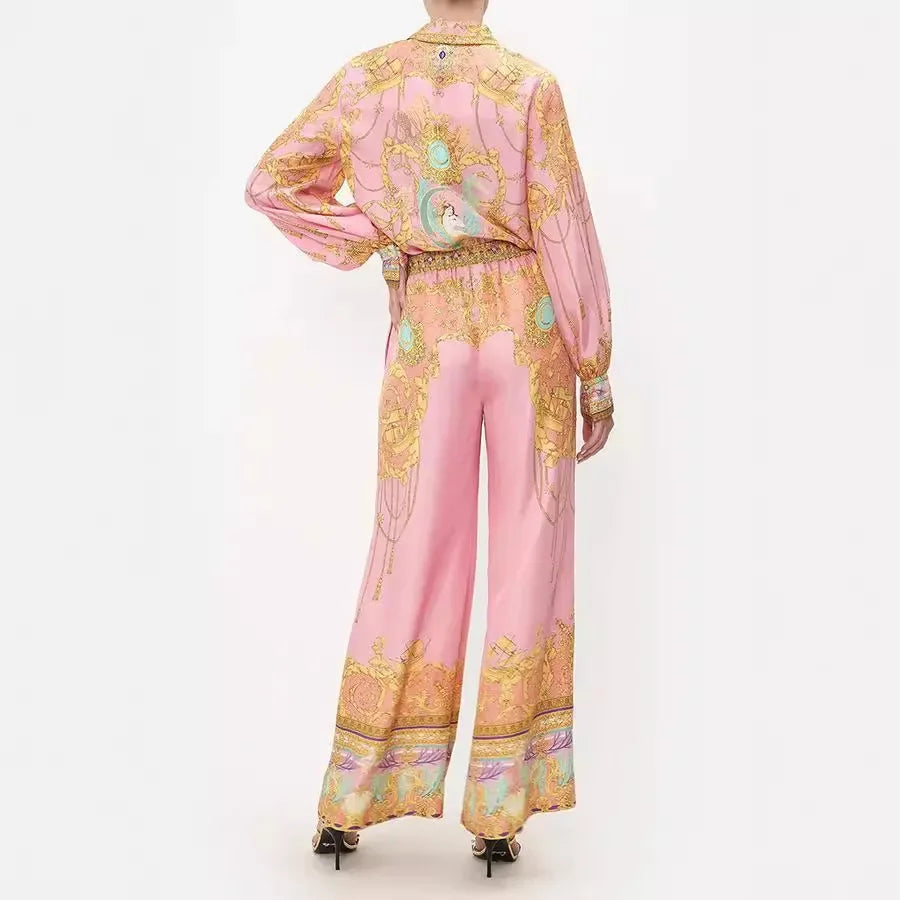 Leisure Long-sleeved Pink Printed Shirt Trousers Sets
