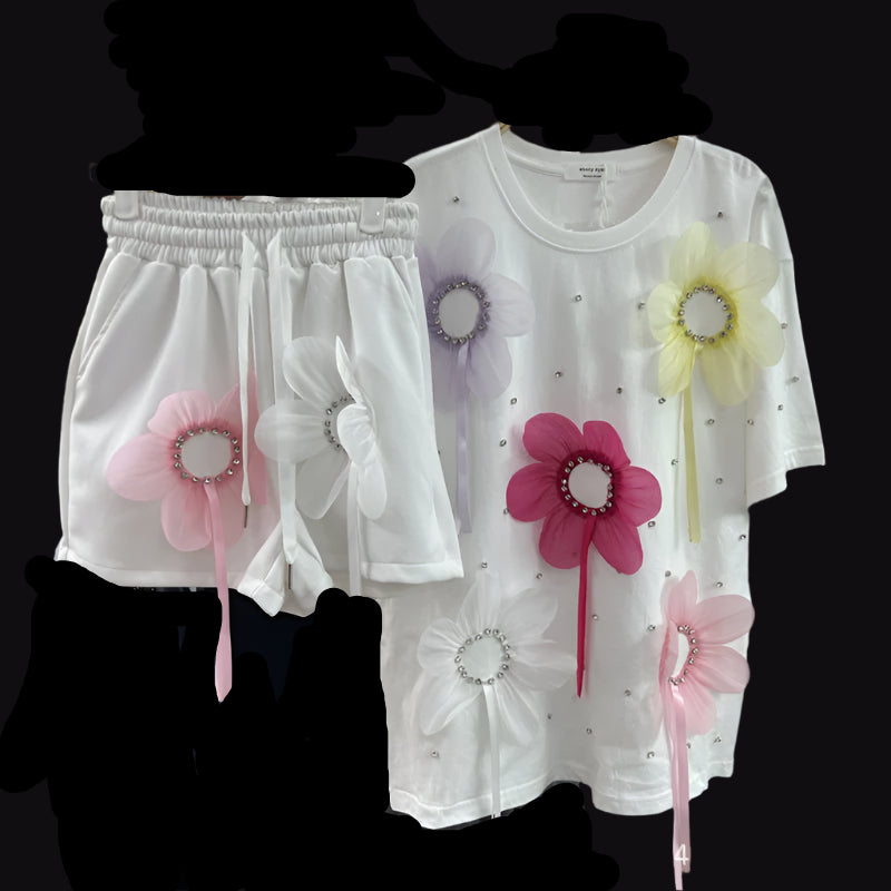 Chic Women 3D Mesh Flowers Diamonds Beaded Loose T-shirts