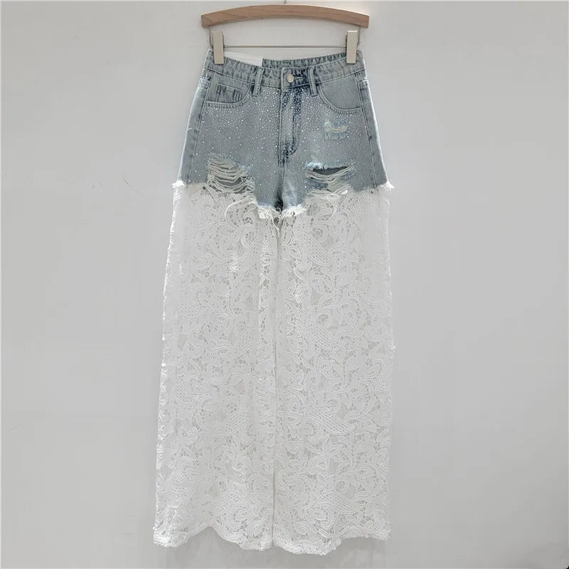 Hot Diamonds Broken Holes Patchwork Lace High Waist Straight Denim Pants