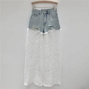 Hot Diamonds Broken Holes Patchwork Lace High Waist Straight Denim Pants