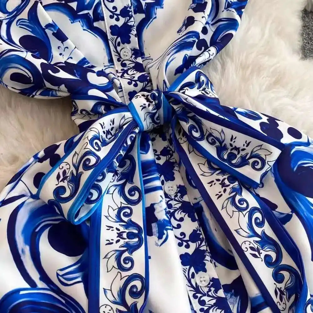 2025 Summer Blue White Porcelain Print Long Dress
