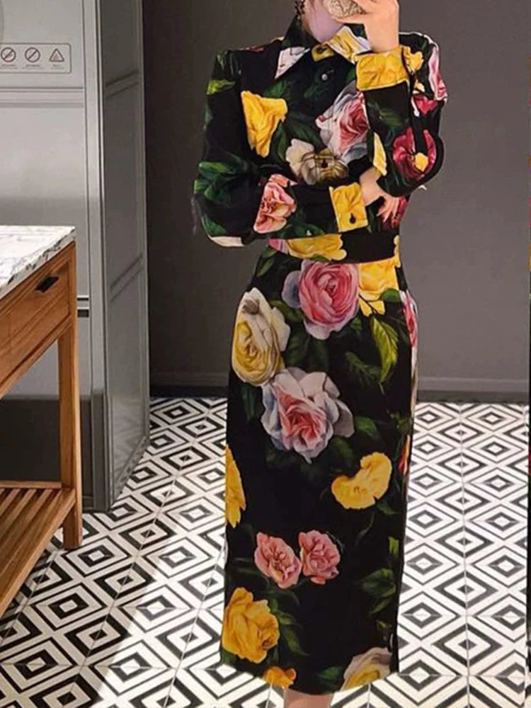 Luxury Spring New two-piece Printed Shirt top+high waist slim Skirt