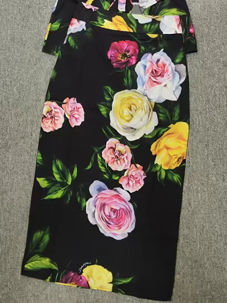 Retro Elegant Rose Print Pocket two-piece